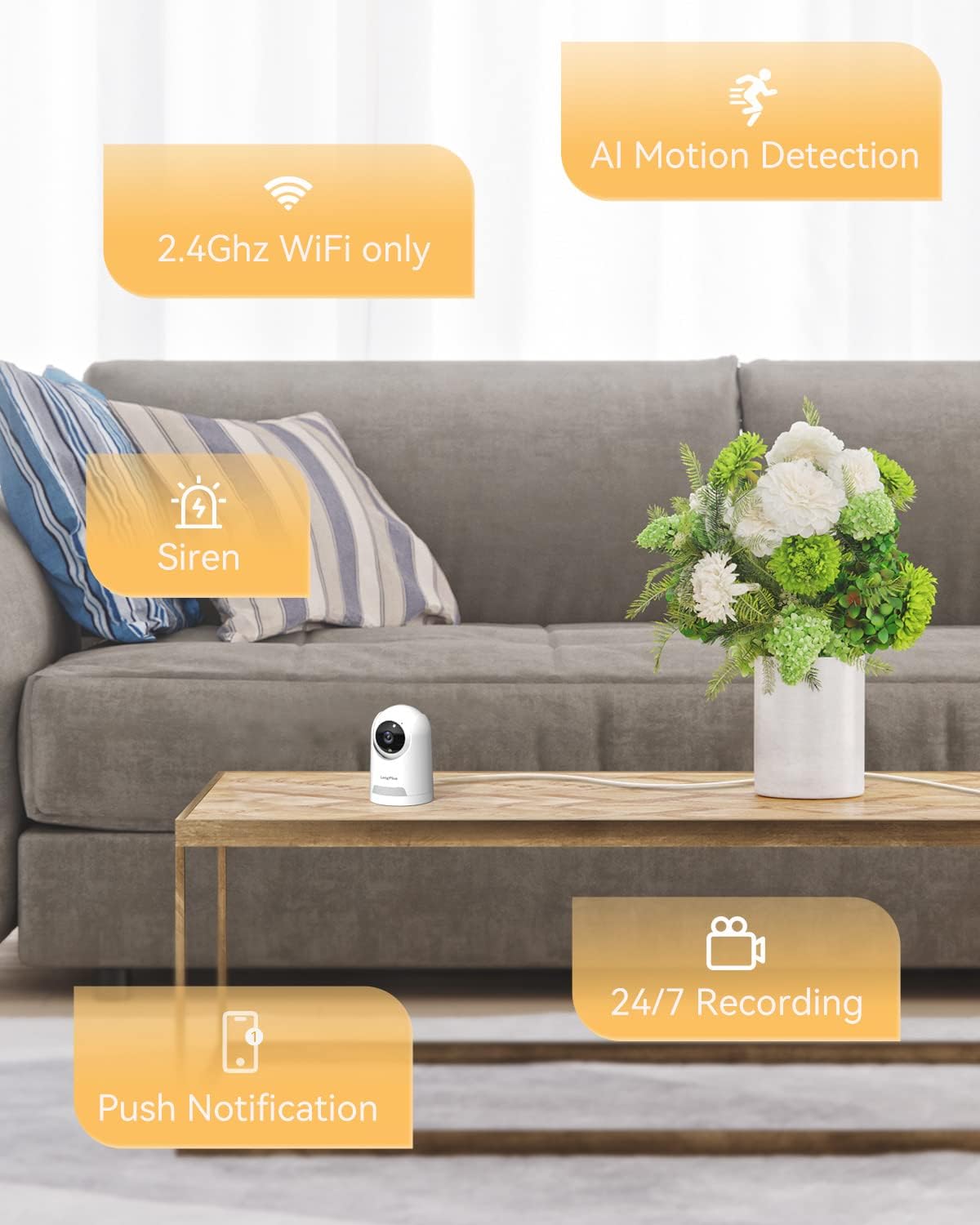 Wi-Fi Security Camera with 360-degree View, 1080P IR Night Vision, Two-Way Audio, Baby Monitor, and AI Motion Tracking.