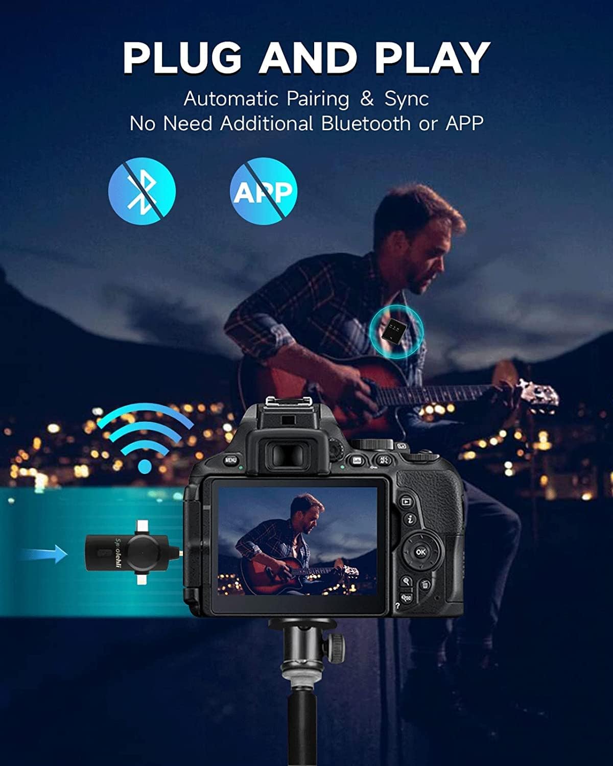 Wireless Lavalier Microphone – 2.4G, 50m Range, 3-in-1 for iPhone/iPad/PC (2 Mics)