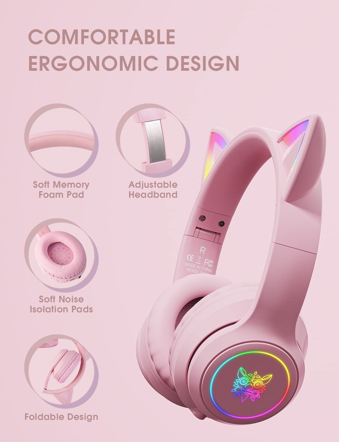 Bluetooth Cat Ear Headphones for Kids - Foldable, LED Lights, 85dB Volume (Pink)