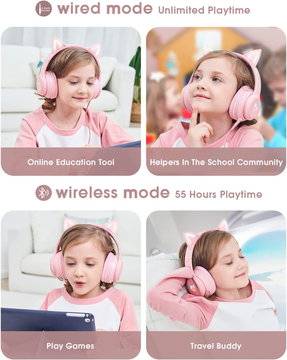 Bluetooth Cat Ear Headphones for Kids - Foldable, LED Lights, 85dB Volume (Pink)