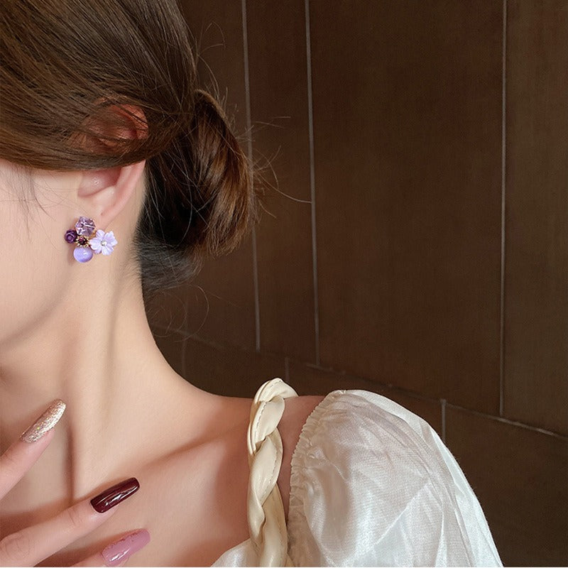 Purple crystal retro flower earrings niche design noble temperament earrings