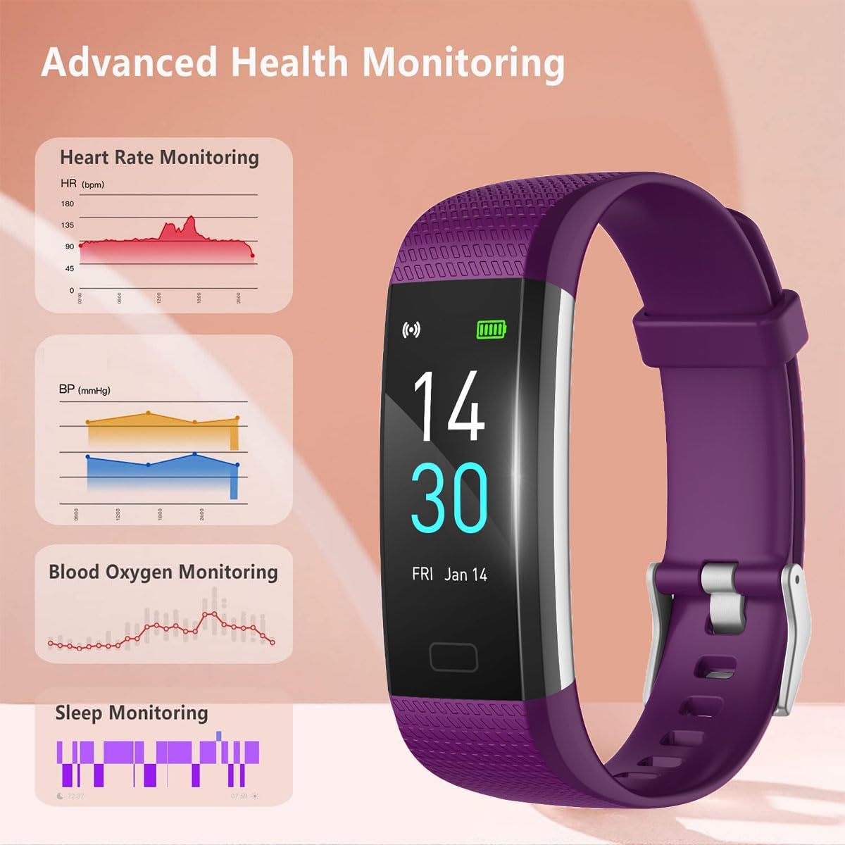 Fitness Tracker Watch with Heart Rate & Sleep Monitor, Step Counter, Calorie Tracker & Multi-Sport Modes for Android & iOS (PURPLE)