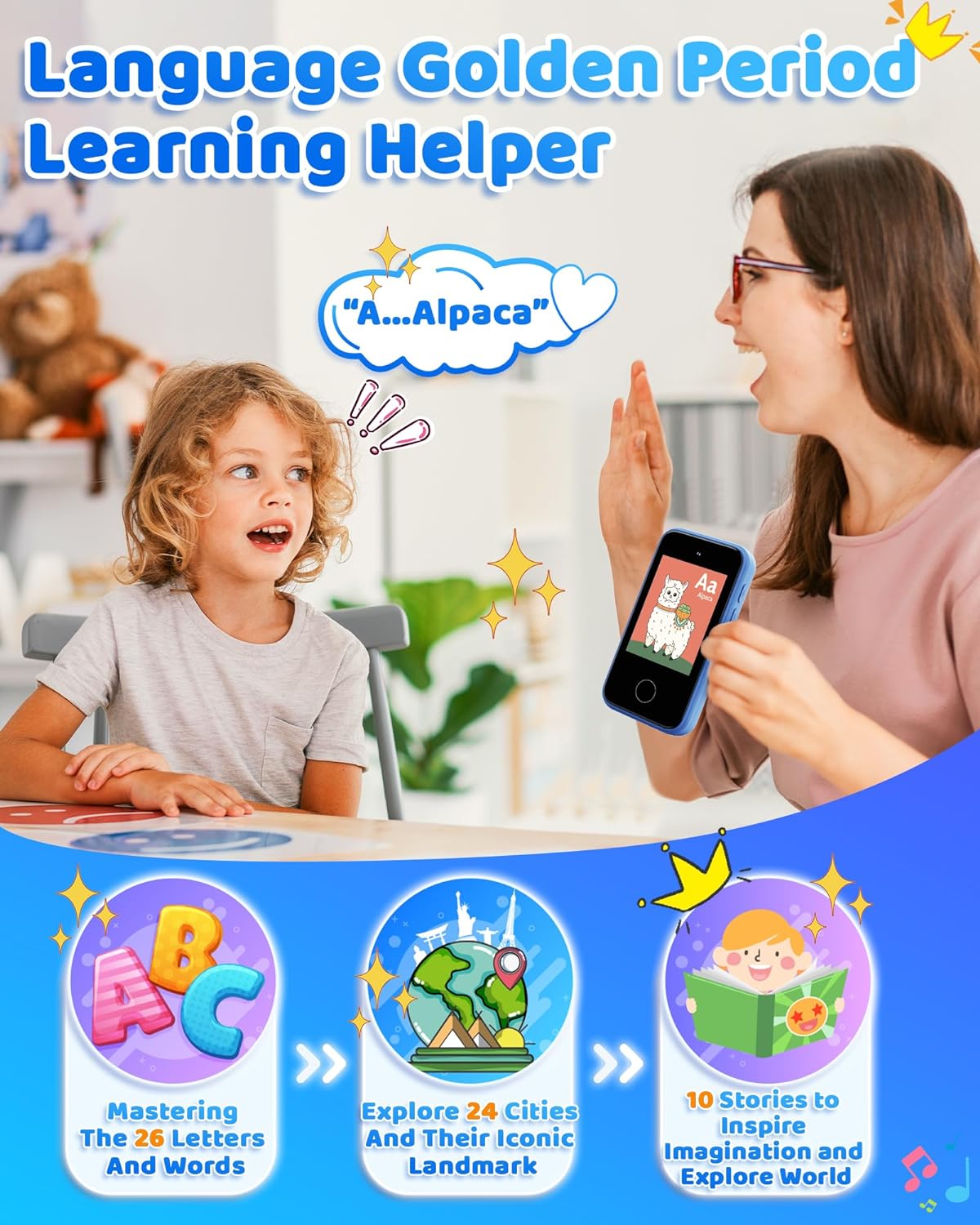 Kids Smart Phone Toy for Boys 3-8 Years Old - Educational games, Dual cameras, MP3 Music Player, and touchscreen pretend play. Spark imagination and early learning toy - Blue