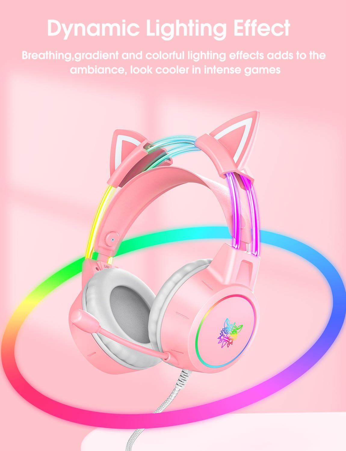 Lightweight Pink Gaming Headset with Removable Cat Ears, RGB Lights, Surround Sound & Noise-Cancelling Mic – Compatible with PC, PS4/PS5, Xbox, Switch