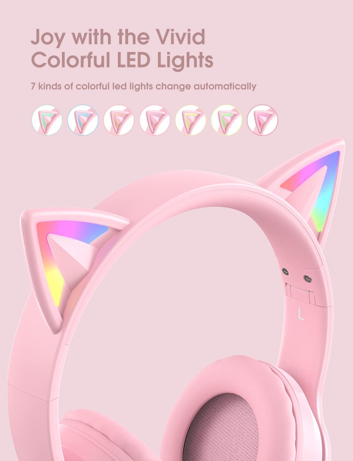 Bluetooth Cat Ear Headphones for Kids - Foldable, LED Lights, 85dB Volume (Pink)