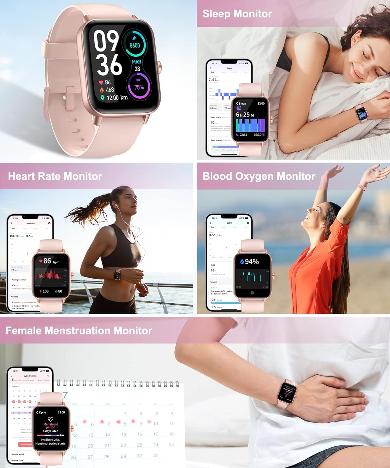 Gleam Up Smart Watch – Alexa, Fitness Tracker, Heart Rate Monitor, IP68 Waterproof (Pink)