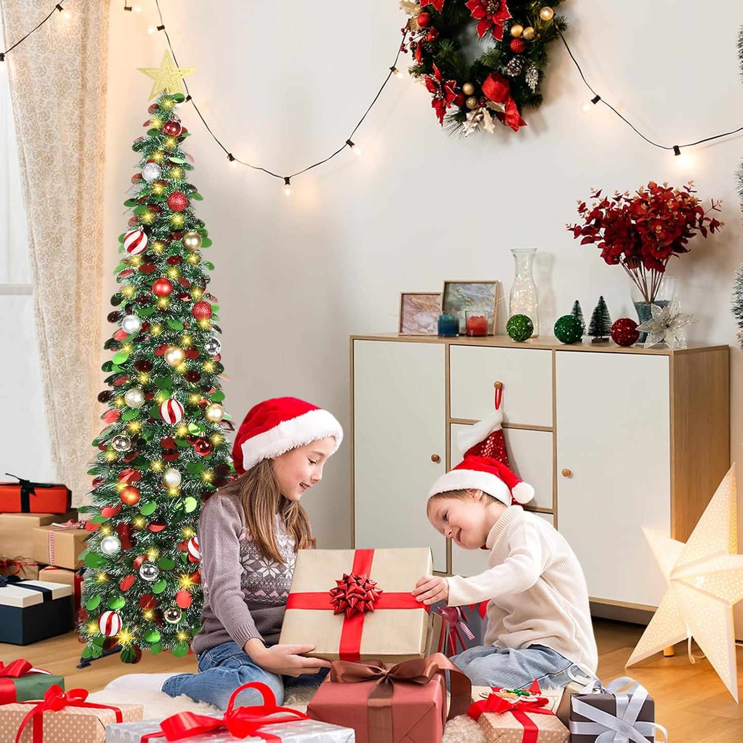 5FT Pop Up Christmas Tree with Timer LED Lights, 24 Ornaments & Star Topper – Collapsible Tinsel Pencil Tree for Home or Office