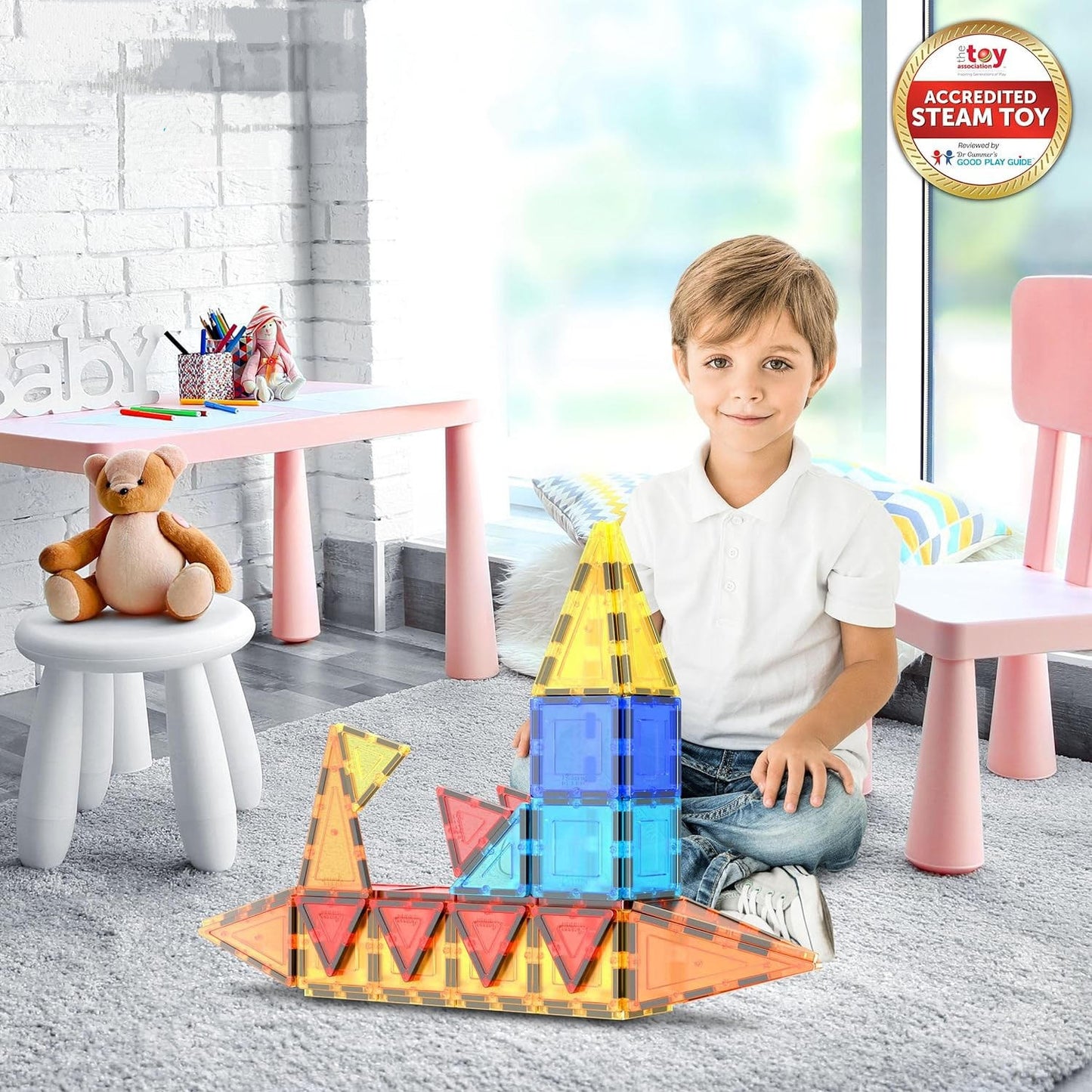 Magnetic Tiles 60pcs Kids Toys, Classroom Sensory Toy for Toddlers, STEM Learning Building Blocks, Montessori Pretend Play Magnet Tile Construction Set for Boys & Girls Ages 3+