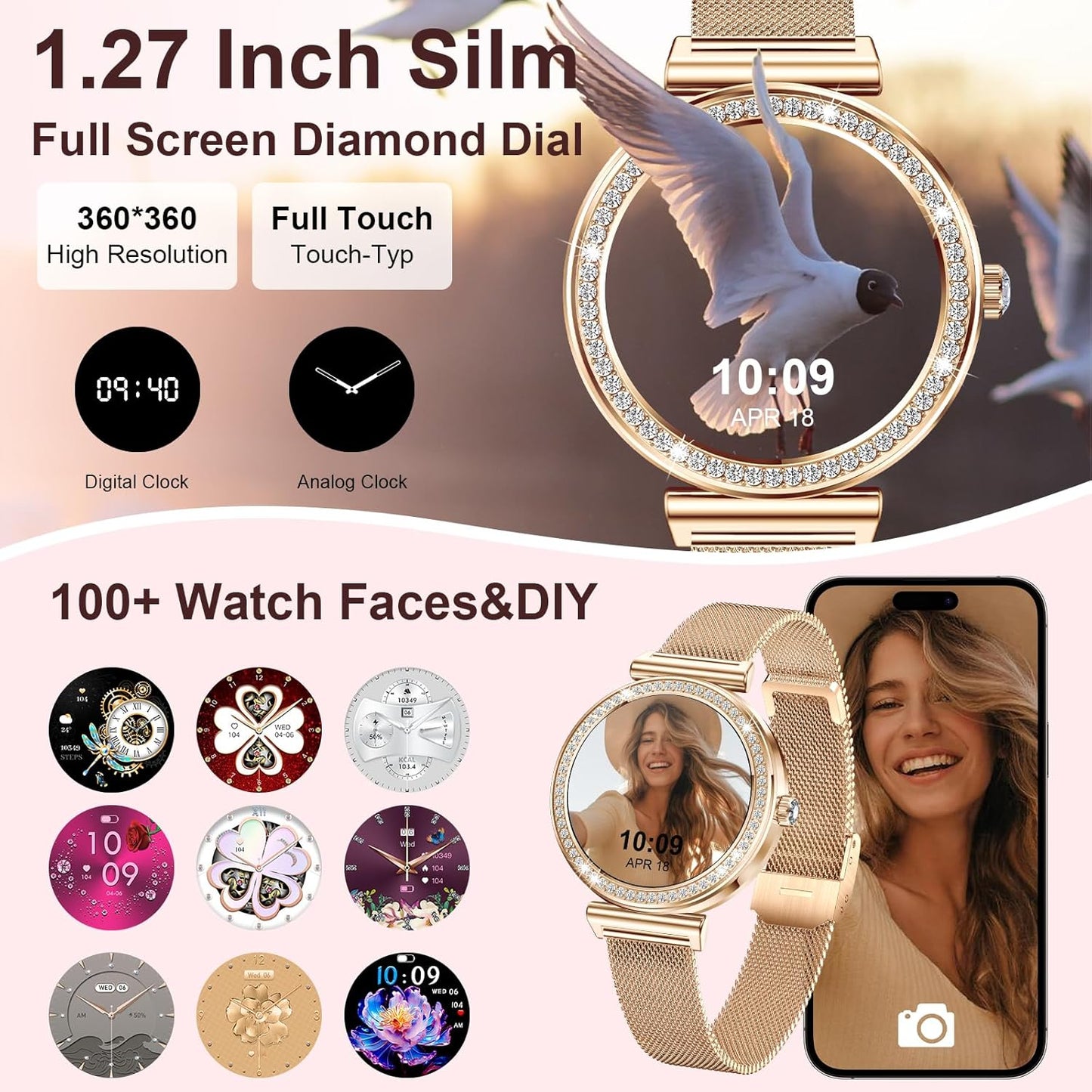 HER Luxury Smart Watch with Bluetooth Calling, 1.32" Custom Dial Fitness Tracker – Heart Rate, Sleep & Step Monitor, Waterproof, Android & iPhone Compatible