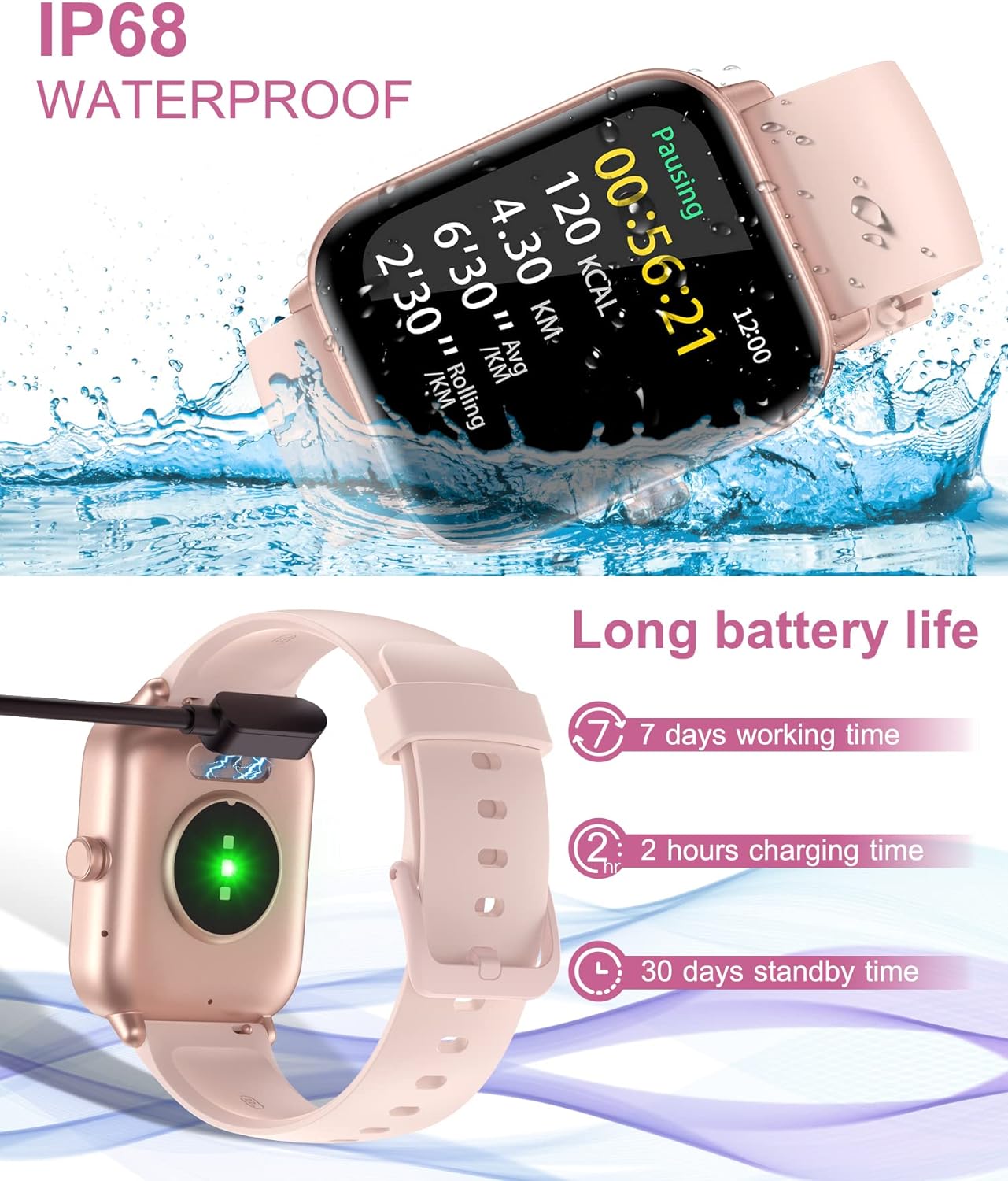 Gleam Up Smart Watch – Alexa, Fitness Tracker, Heart Rate Monitor, IP68 Waterproof (Pink)