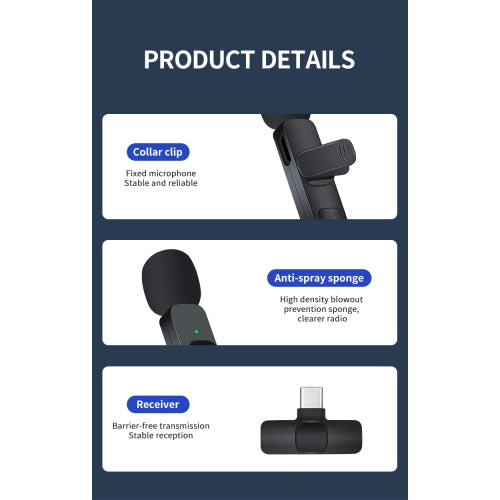 ULTREND Plug-Play Auto-syncs Wireless lapel Lavalier Microphone 2 in-1 Receiver (Lightning / USB C)
