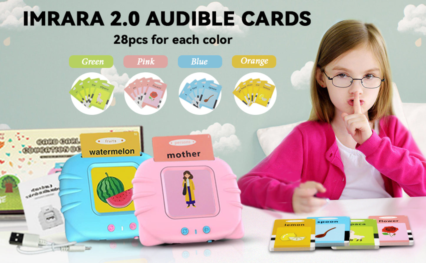 Flash Cards for Kids, Electronic Audible Machine Learning Toys, Phonics Talking 112 Pcs Flash Cards, Kids Birthday Gift. (Pink)