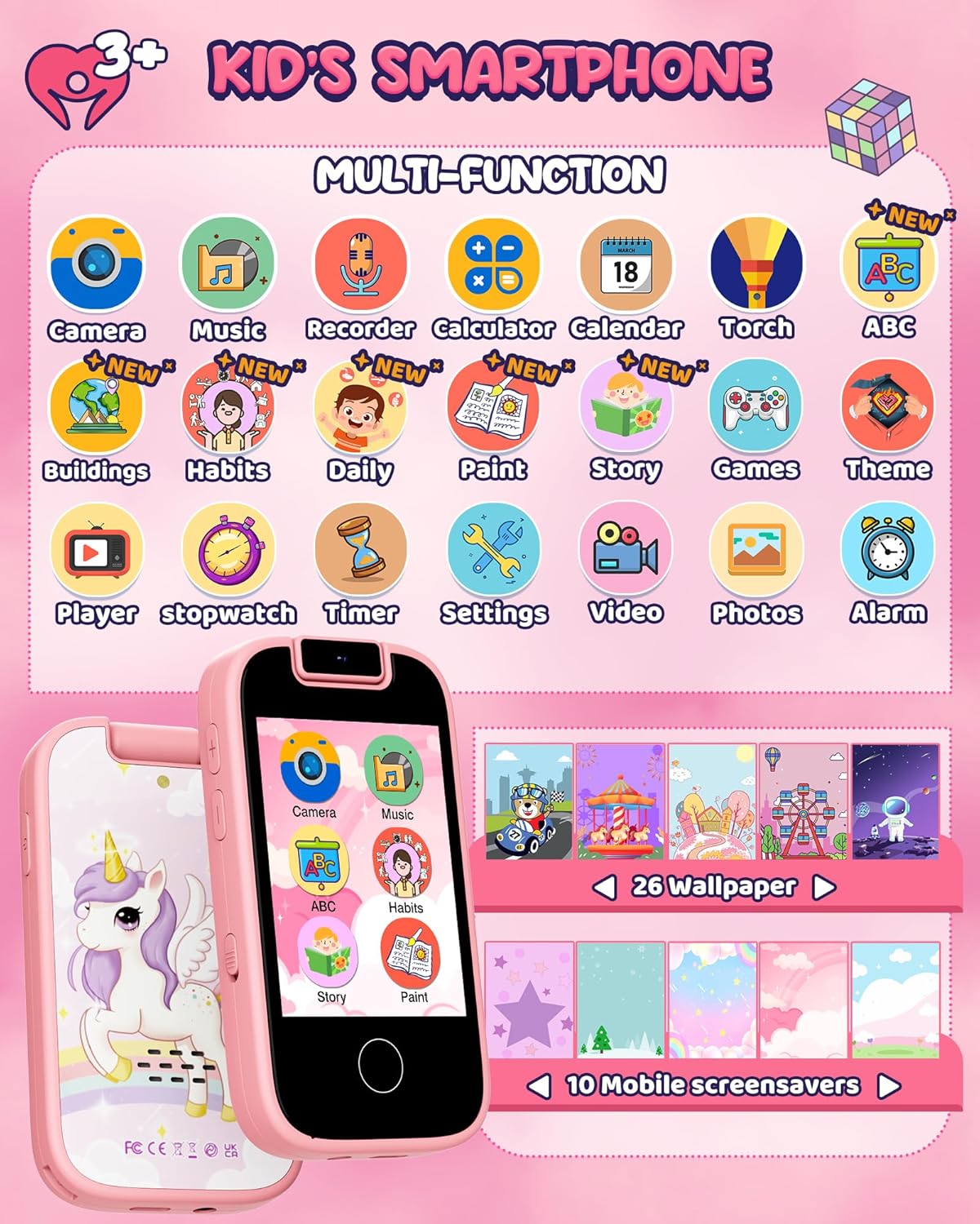 Kids Smart Phone Toy Pink for Girls 3-8 Years Old. Toddler Unicorn Gifts, Educational games, Dual cameras, MP3 Music Player, and touchscreen pretend play. Toddler Birthday Gifts