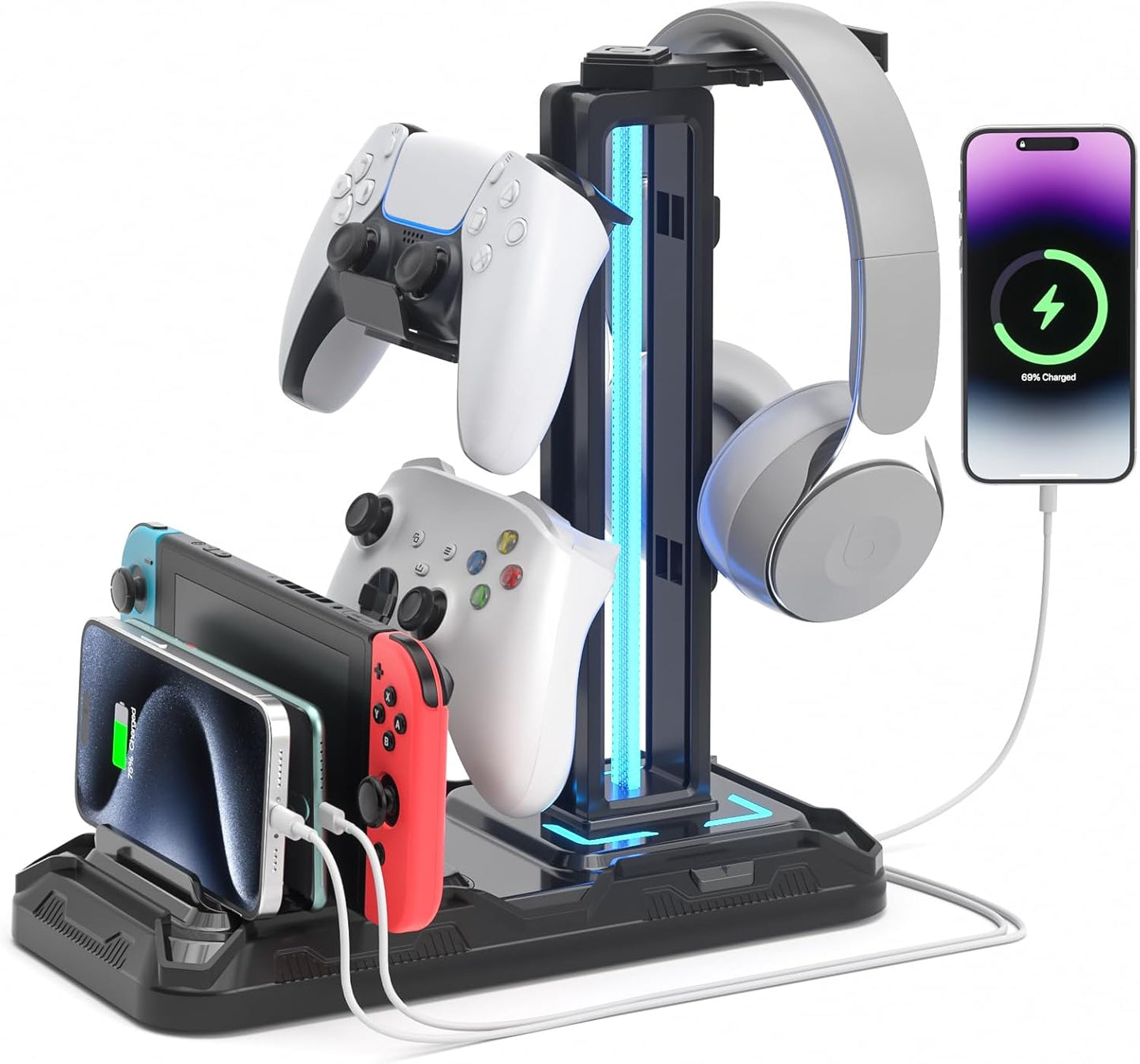 Headset Stand with Phone Holder & Controller Mount, 9 Light Modes, USB Charging Ports, Rotatable Headphone Hanger, Gaming PC Accessories Storage Hook (Black)