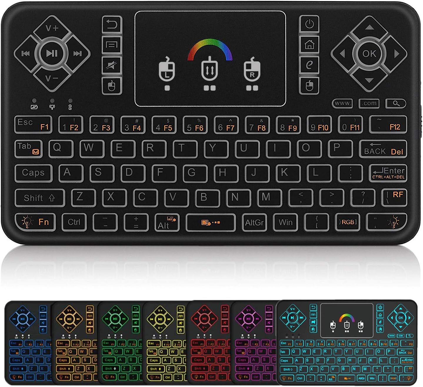ULTREND Q9 Mini Wireless Keyboard with Touchpad – Rechargeable Handheld Remote, Colorful Backlit Keyboard for PC, Raspberry Pi 4, Android TV Box, KODI, Windows 8/10/11