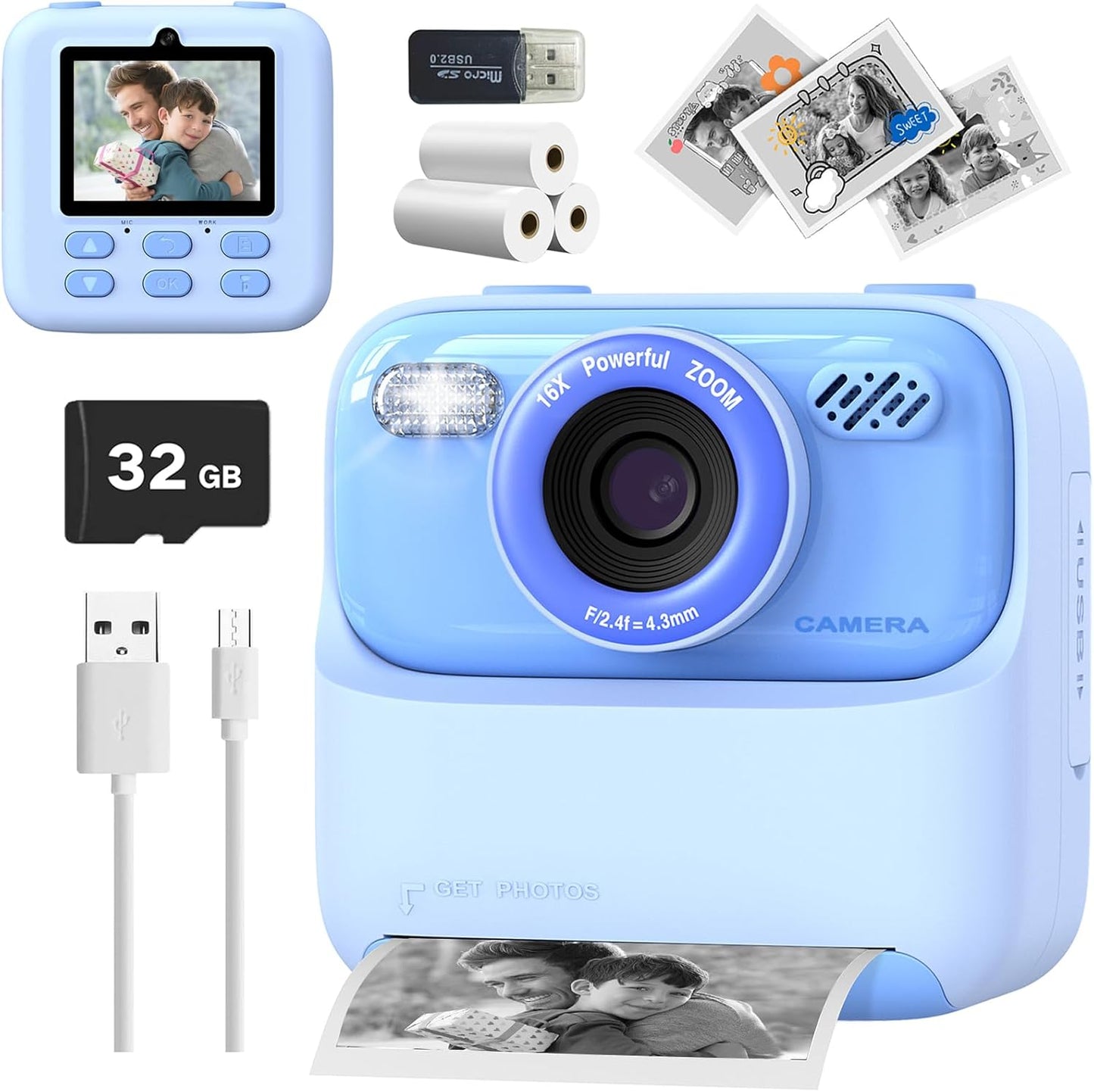 Kids Instant Print Camera, Digital Photo & HD Video, Fun Gift for Girls Boys 3-12 (Blue)