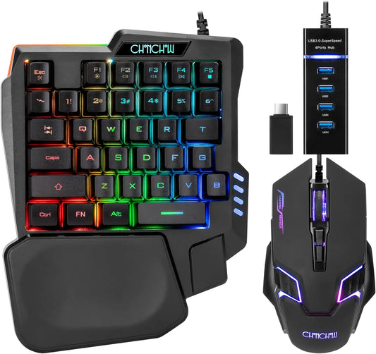 One-Handed RGB Gaming Keyboard Mouse Combo with USB Splitter