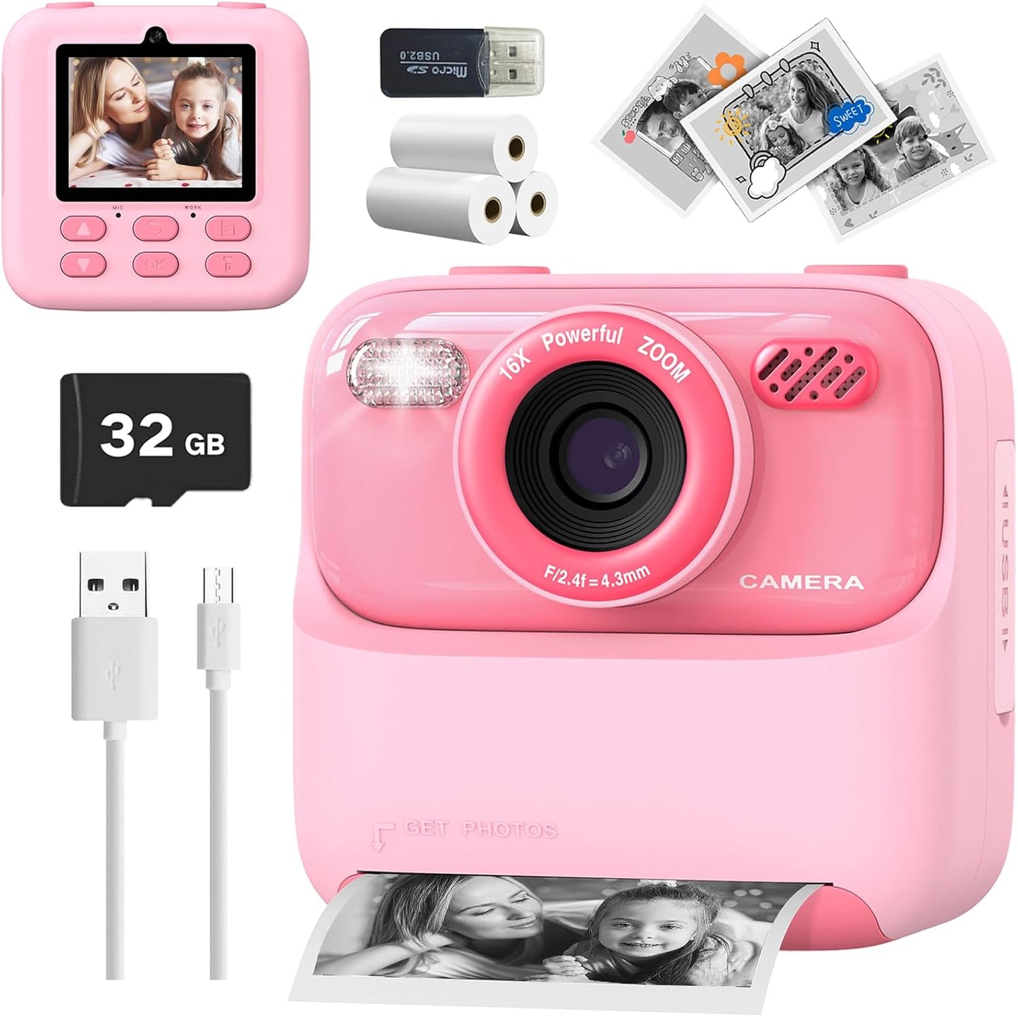 Kids Instant Print Camera, Digital Photo & Video Camera, Fun Gift for Girls Boys 3-12 Year Olds, Christmas & Birthday Present, HD Toy Camera with Printing (Pink)