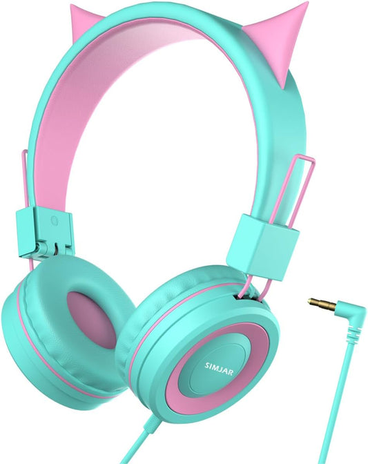 Cat Ear Kids Headphones for School, Wired Foldable Headphones with Adjustable Headband, 3.5mm Jack for Online Learning, Tablet, iPad, Computer – Perfect Christmas Gift, (Green)