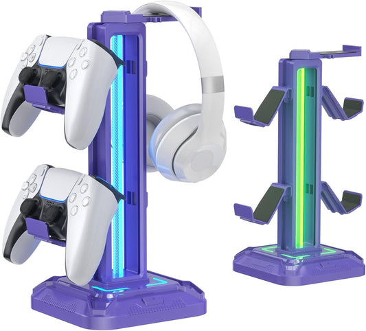 Headset Stand with Phone Holder & Controller Mount, 9 Light Modes, USB Charging Ports, Rotatable Headphone Hanger, Gaming PC Accessories Storage Hook (Black)