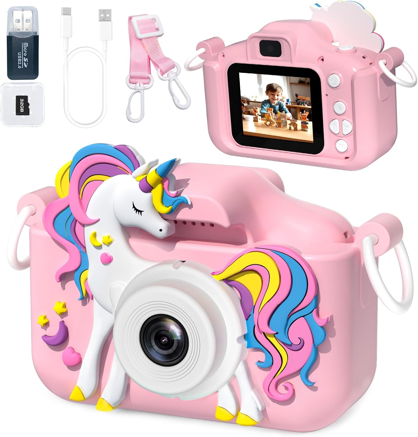 Kids Unicorn Digital Dual Camera for 3-12 Year Old Boys & Girls, HD Video Camcorder, Selfie Mode, Soft Silicone Cover, Perfect Christmas Gift for Fun & Creativity.