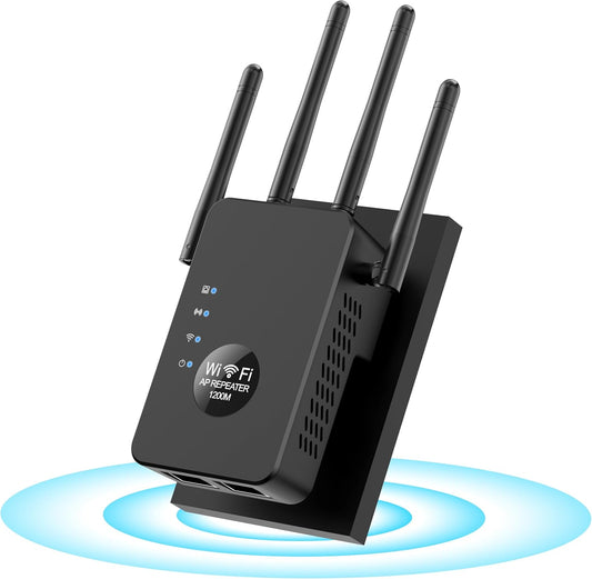 High-Speed Dual-Band WiFi Extender – 1200Mbps Signal Booster with 4 Antennas, 5GHz/2.4GHz, Wide Coverage for Home & Office, Supports Multiple Devices (Black)