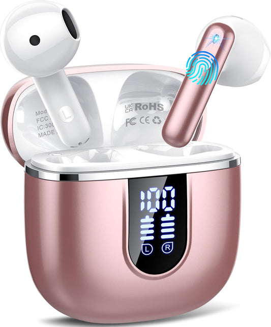 2025 New Bluetooth Rose Gold 5.4 Wireless Earbuds – Mini HiFi Stereo, 4 ENC Noise Cancelling Mics, 40H Battery, USB-C, IP7 Waterproof – Ideal for Sports & Workouts