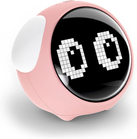 Kids Emoji Alarm Clock with Dual Alarms, Adjustable Brightness Night Light, Voice-Activated, Temperature Detection - Perfect Wake-Up Clock and  Christmas Gift for Kids (Pink).