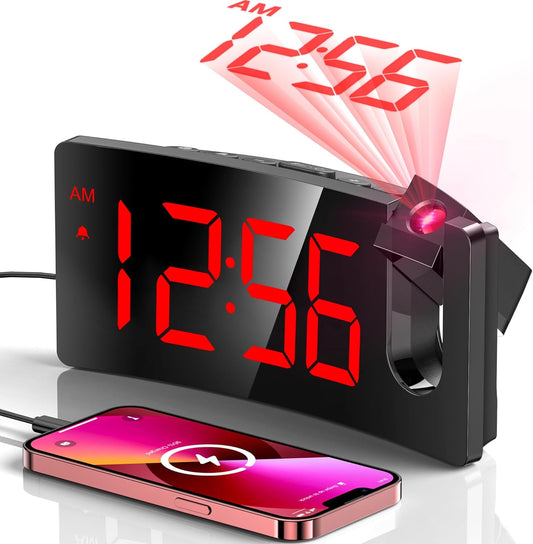 Projection Alarm Clock with 180° Rotatable Projector and USB Charging