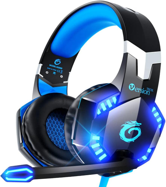 G2000 Stereo Gaming Headset for PC, Xbox One, PS4, PS5 - 3D Surround Sound, Noise-Cancelling Mic, Volume Control, LED Lights - Wired Gaming Chat Headphones - BLACK