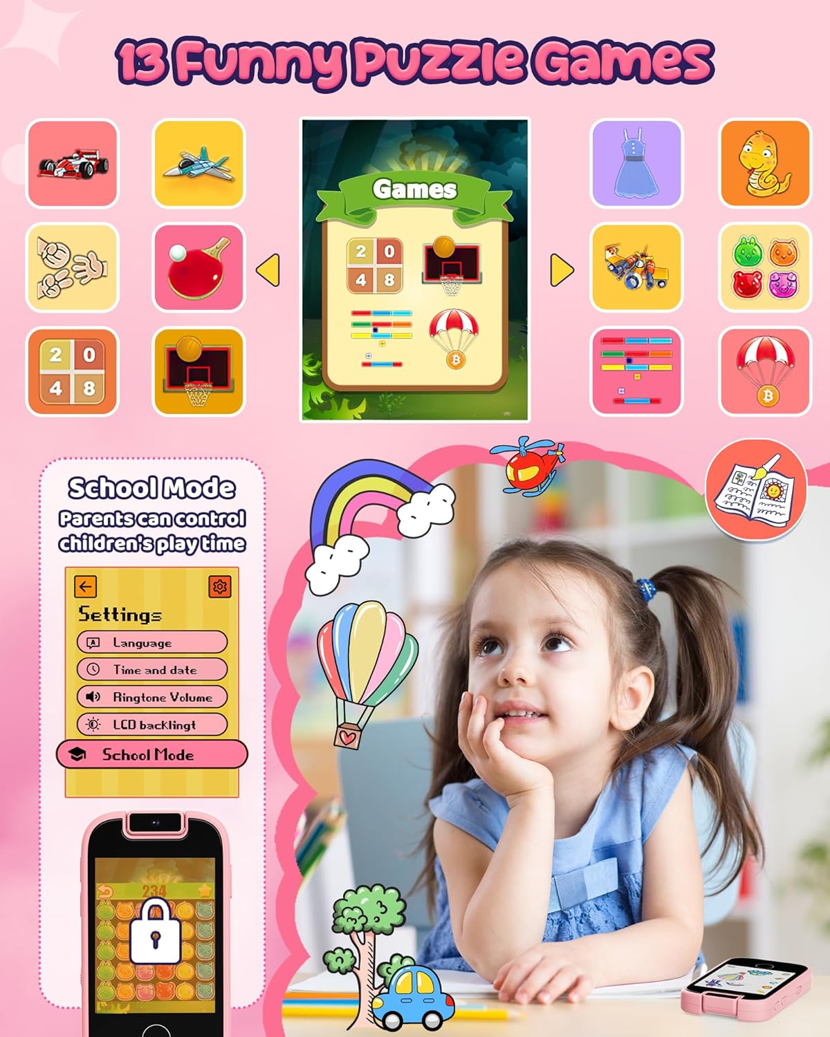 Kids Smart Phone Toy Pink for Girls 3-8 Years Old. Toddler Unicorn Gifts, Educational games, Dual cameras, MP3 Music Player, and touchscreen pretend play. Toddler Birthday Gifts