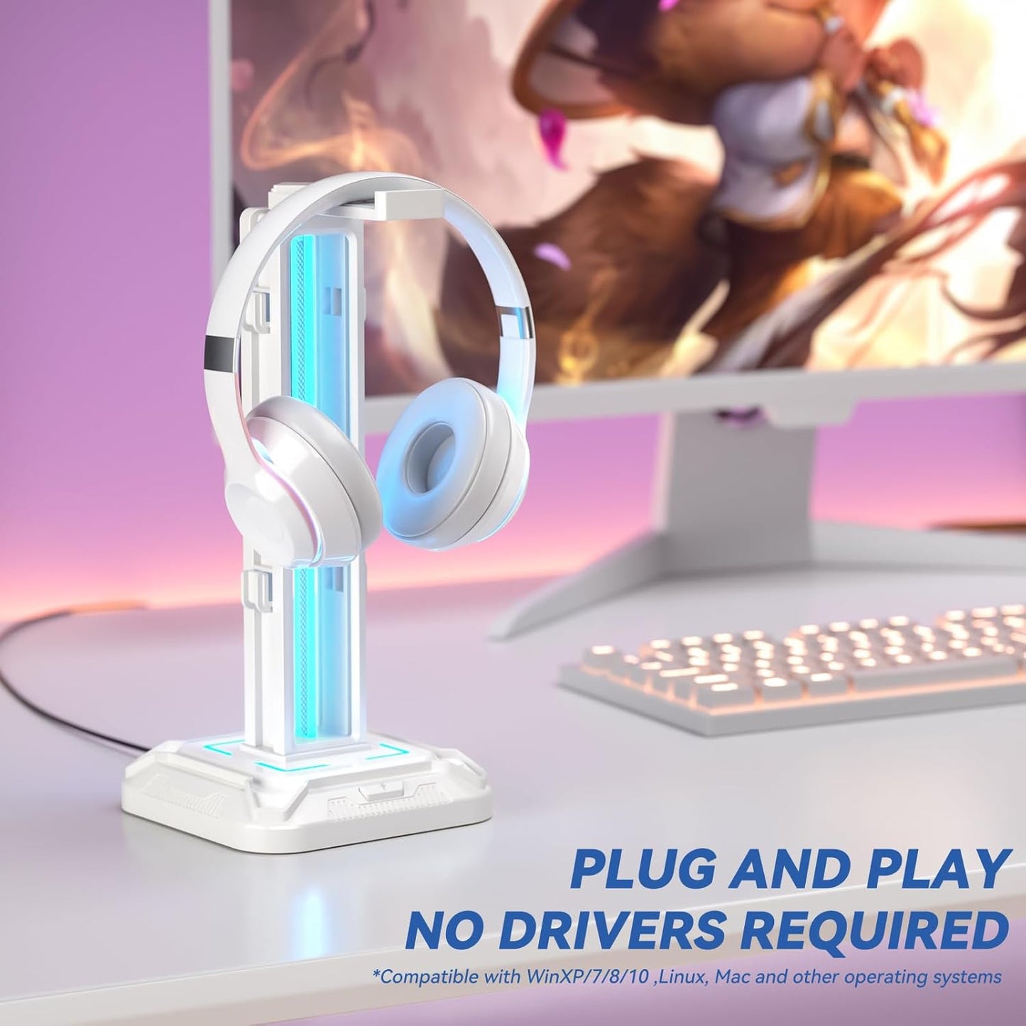 Headset Stand with Phone Holder & Controller Mount, 9 Light Modes, USB Charging Ports, Rotatable Headphone Hanger, Gaming PC Accessories Storage Hook (Black)