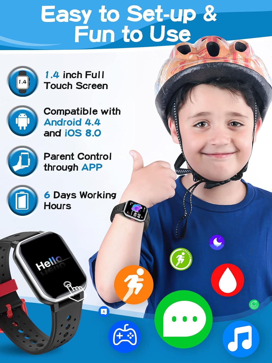 ULTREND Smart Watch for Kids, Fitness Activity Tracker, 1.44" touch screen, 3 Built-in games, IP68 waterproof, and 6 sports modes.