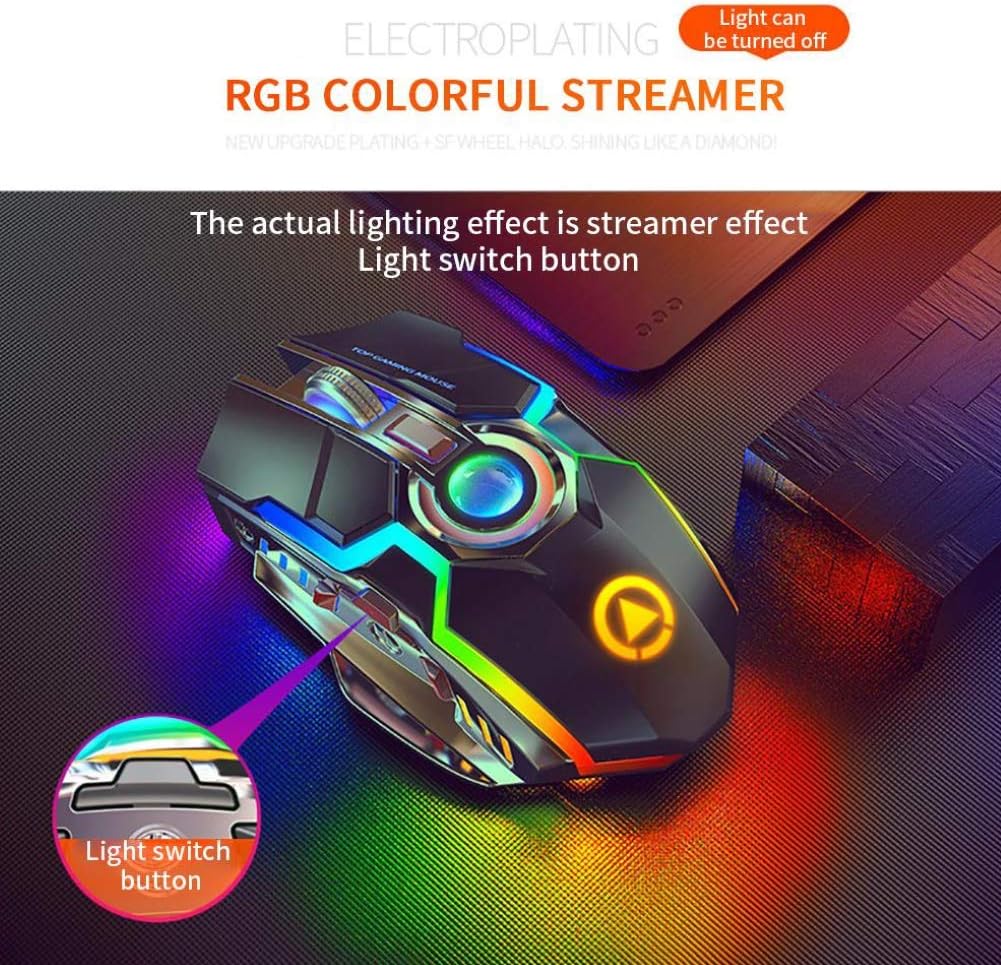 ErgoBeam Wireless Rechargeable Gaming Mouse Mice Souris, RGB Backlit 7 Buttons 1600DPI for PC Gamer Laptop Desktop Chromebook Mac