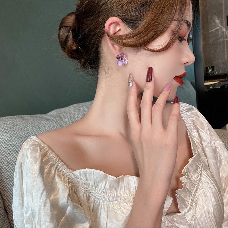 Purple crystal retro flower earrings niche design noble temperament earrings
