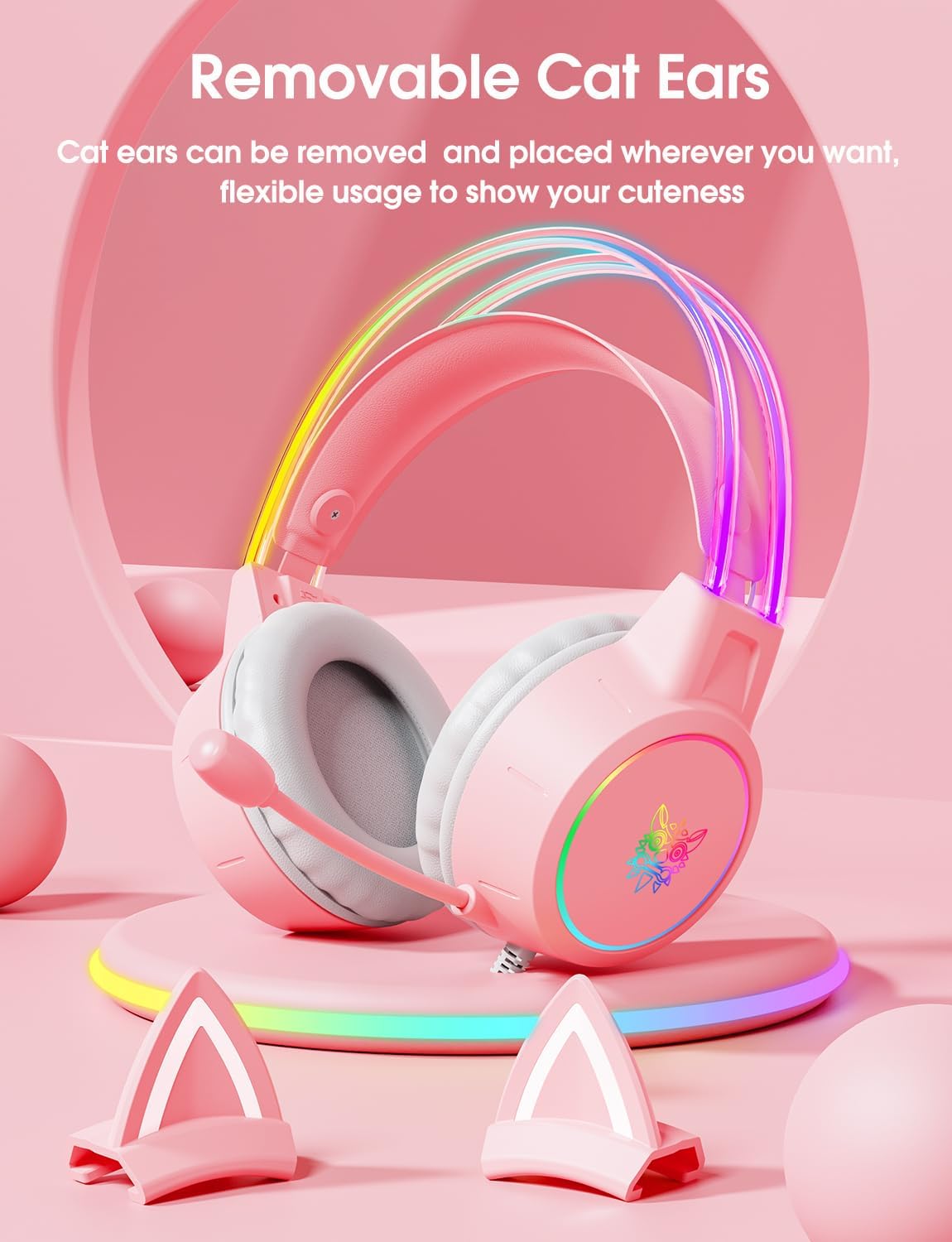 Lightweight Pink Gaming Headset with Removable Cat Ears, RGB Lights, Surround Sound & Noise-Cancelling Mic – Compatible with PC, PS4/PS5, Xbox, Switch