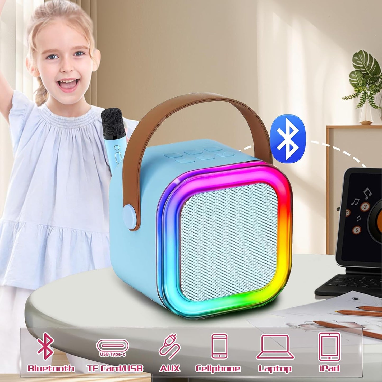 Mini Kids Karaoke Machine 2024, Portable Karaoke Speaker with 2 Wireless Mics & Party Lights, Christmas & Birthday Gift for Girls & Boys Ages 4-12+ (Blue)