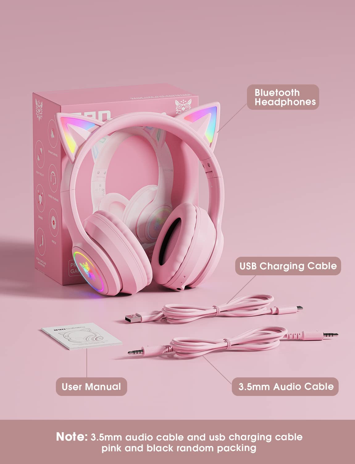 Bluetooth Cat Ear Headphones for Kids - Foldable, LED Lights, 85dB Volume (Pink)