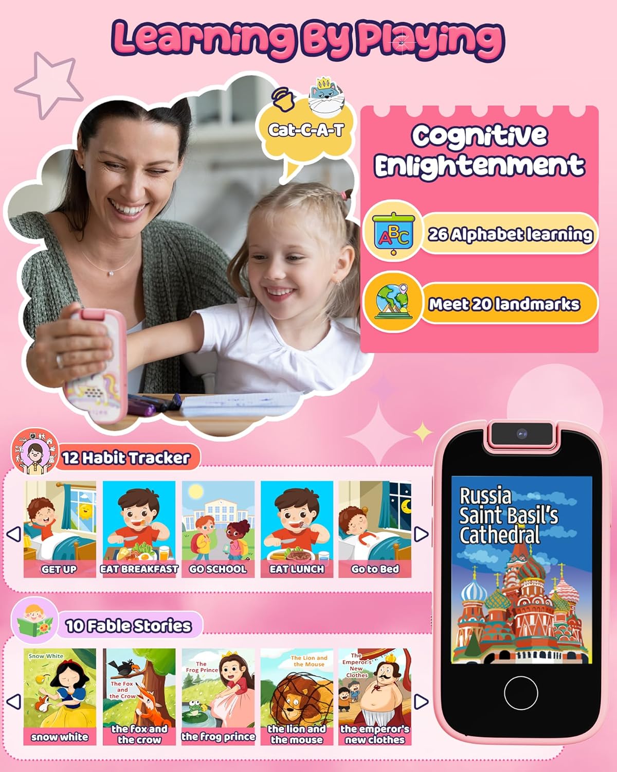 Kids Smart Phone Toy Pink for Girls 3-8 Years Old. Toddler Unicorn Gifts, Educational games, Dual cameras, MP3 Music Player, and touchscreen pretend play. Toddler Birthday Gifts