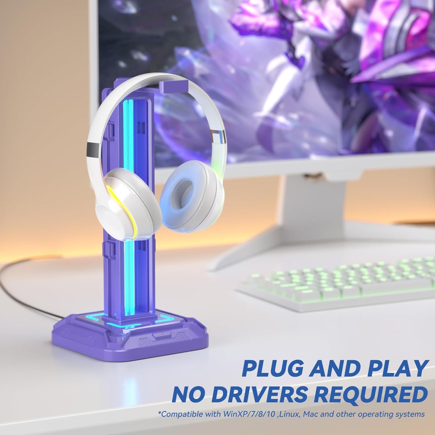 Headset Stand with Phone Holder & Controller Mount, 9 Light Modes, USB Charging Ports, Rotatable Headphone Hanger, Gaming PC Accessories Storage Hook (Black)