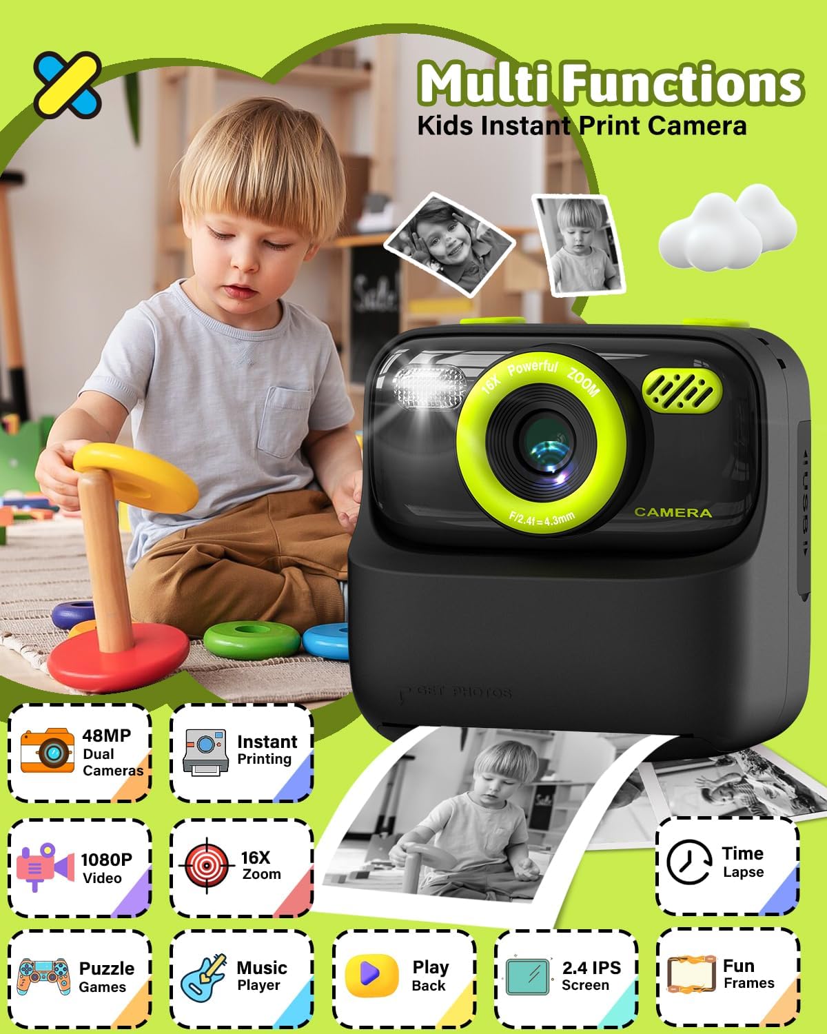 Kids Instant Print Camera, Digital Photo & HD Video, Fun Gift for Girls Boys 3-12 (Black)
