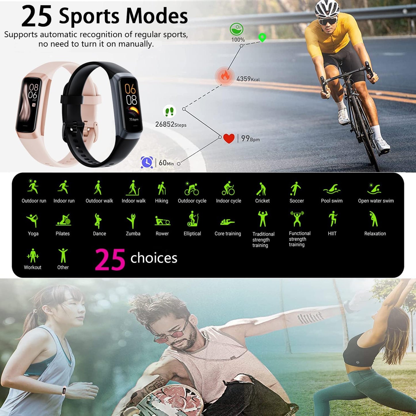 Heart Rate Fitness Tracker & Activity Smartwatch, Sports Bracelet with Sleep Monitor, Calorie Counter, Pedometer & IP67 Waterproof Wristband for Men & Women (Black)