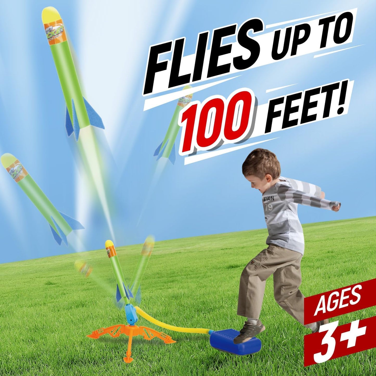 Rocket Launcher Blast Pack – 100-Foot Foam Rocket Set with 8 Colorful Rockets & Stomp Launcher, Perfect Outdoor Fun Gift for Boys & Girls