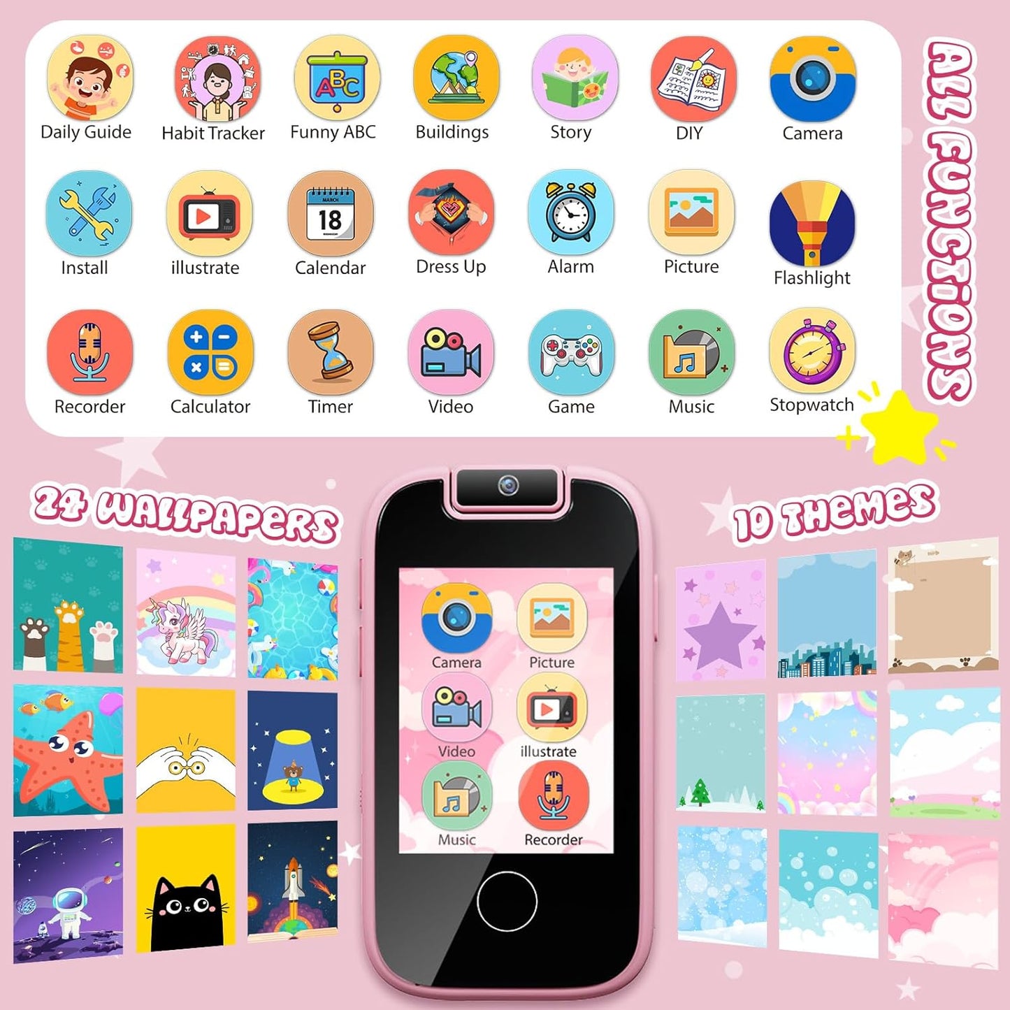 Kids Smart Phone Toy – 2.8" Touchscreen, Dual Cameras, MP3, 13 Games & Habit Tracker (Pink)