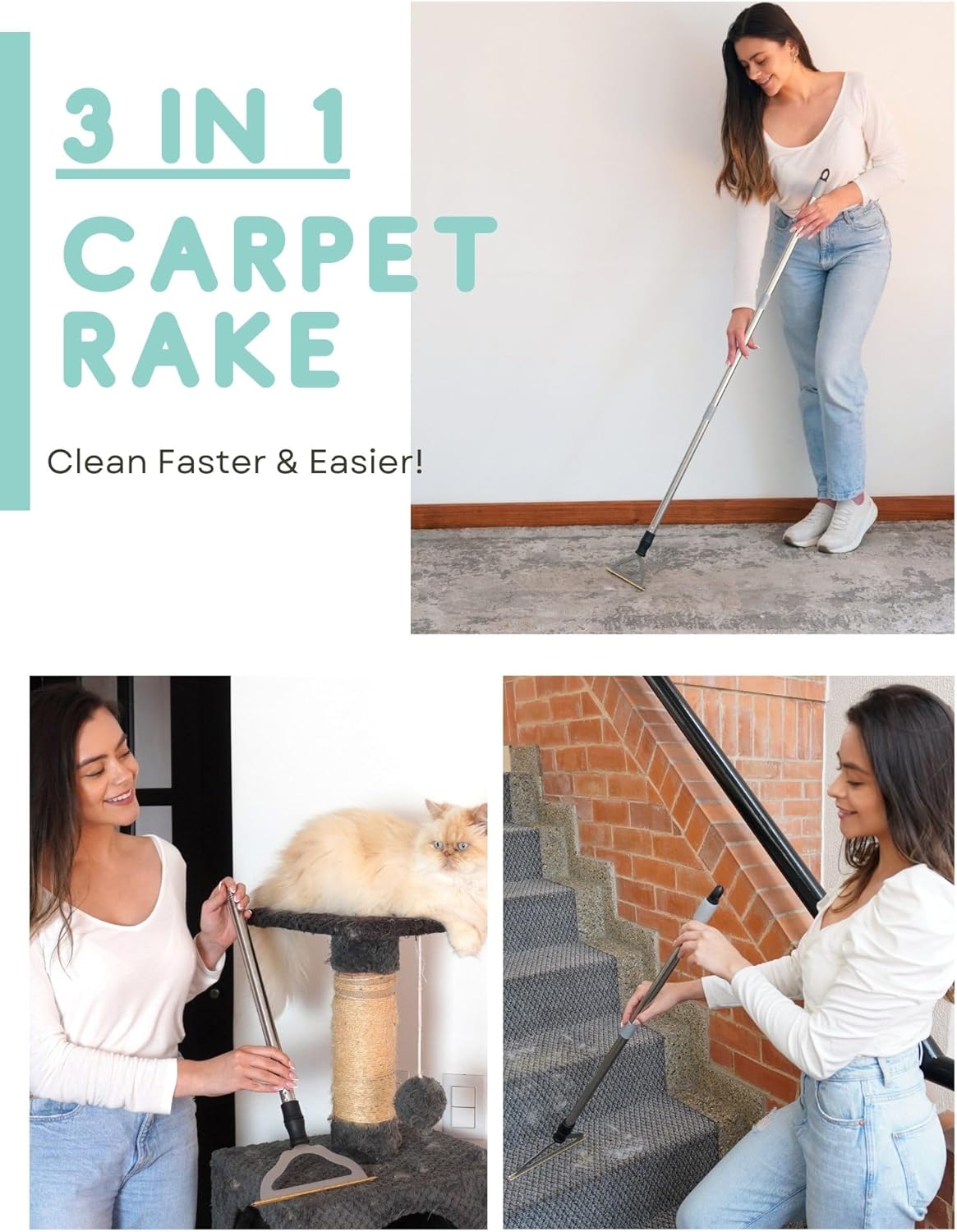 Adjustable Carpet Rake for Pet Hair – Long Handle Fur Remover for Dog & Cat Hair, Reusable Lint & Hair Removal Brush for Carpets & Rugs