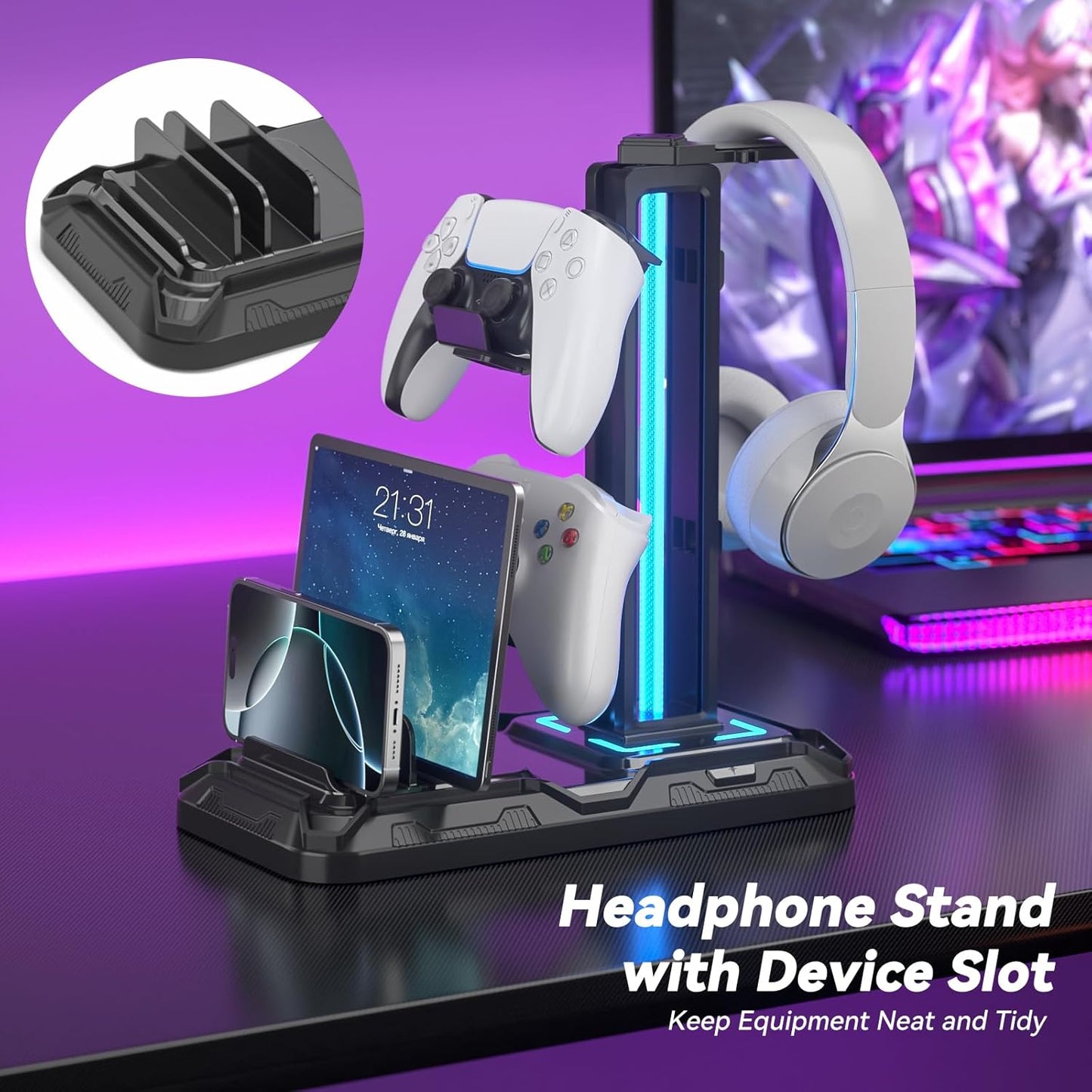 Headset Stand with Phone Holder & Controller Mount, 9 Light Modes, USB Charging Ports, Rotatable Headphone Hanger, Gaming PC Accessories Storage Hook (Black)
