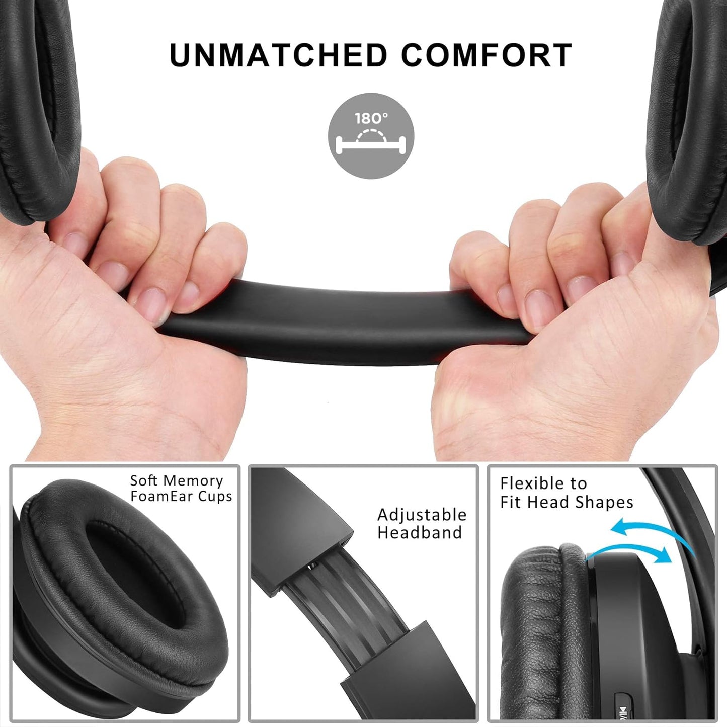 ZIHNIC Foldable Bluetooth Over-Ear Headphones: Wireless & Wired Stereo Headset with Micro SD/TF, FM - Ultra-Soft Earmuffs, Lightweight, Perfect for All-Day Wear (Black)