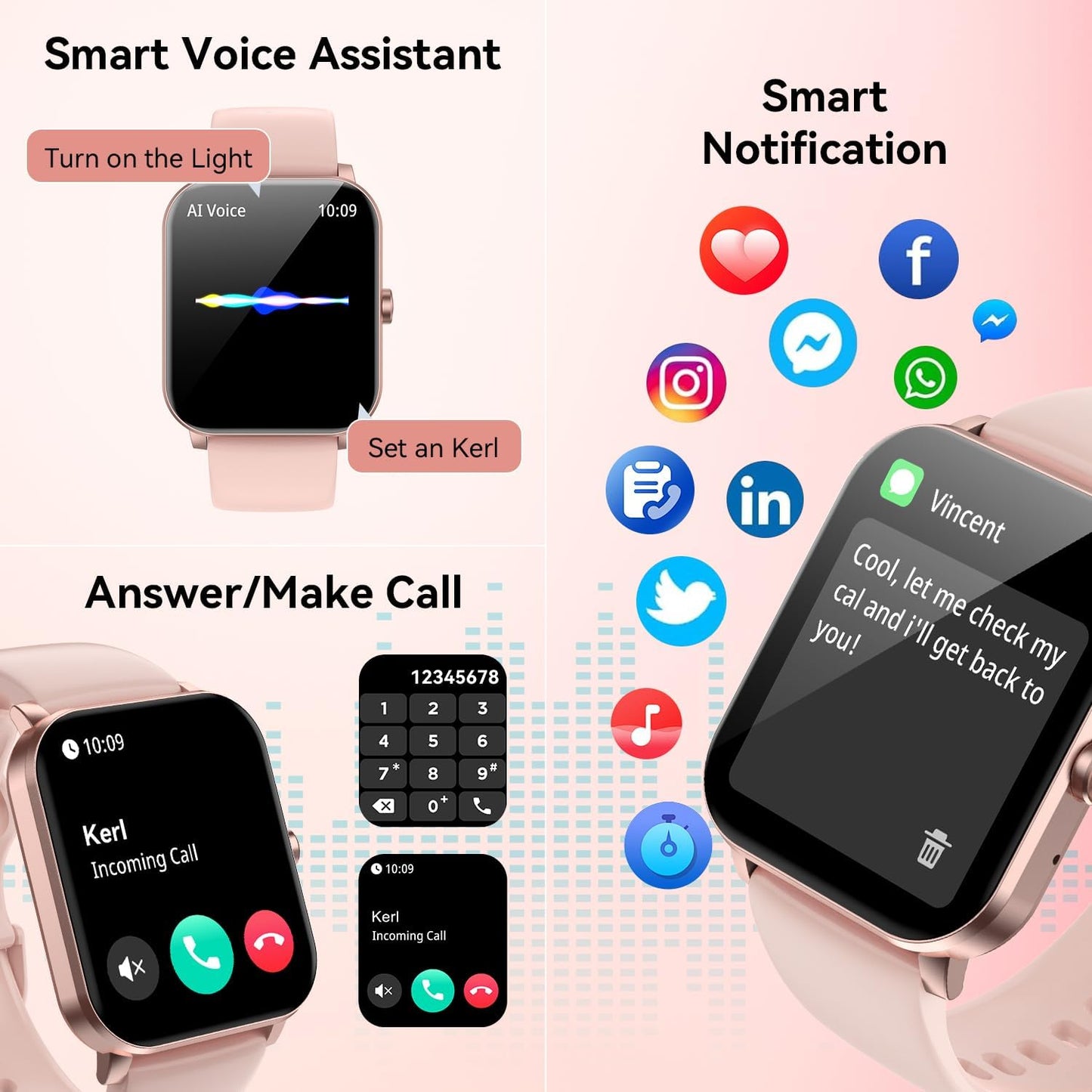 Bluetooth Smart Watch for Men & Women, 1.85" HD Fitness Tracker with Call Function, Heart Rate/Sleep/SpO2/Blood Pressure Monitor, Compatible with iOS & Android (Pink)