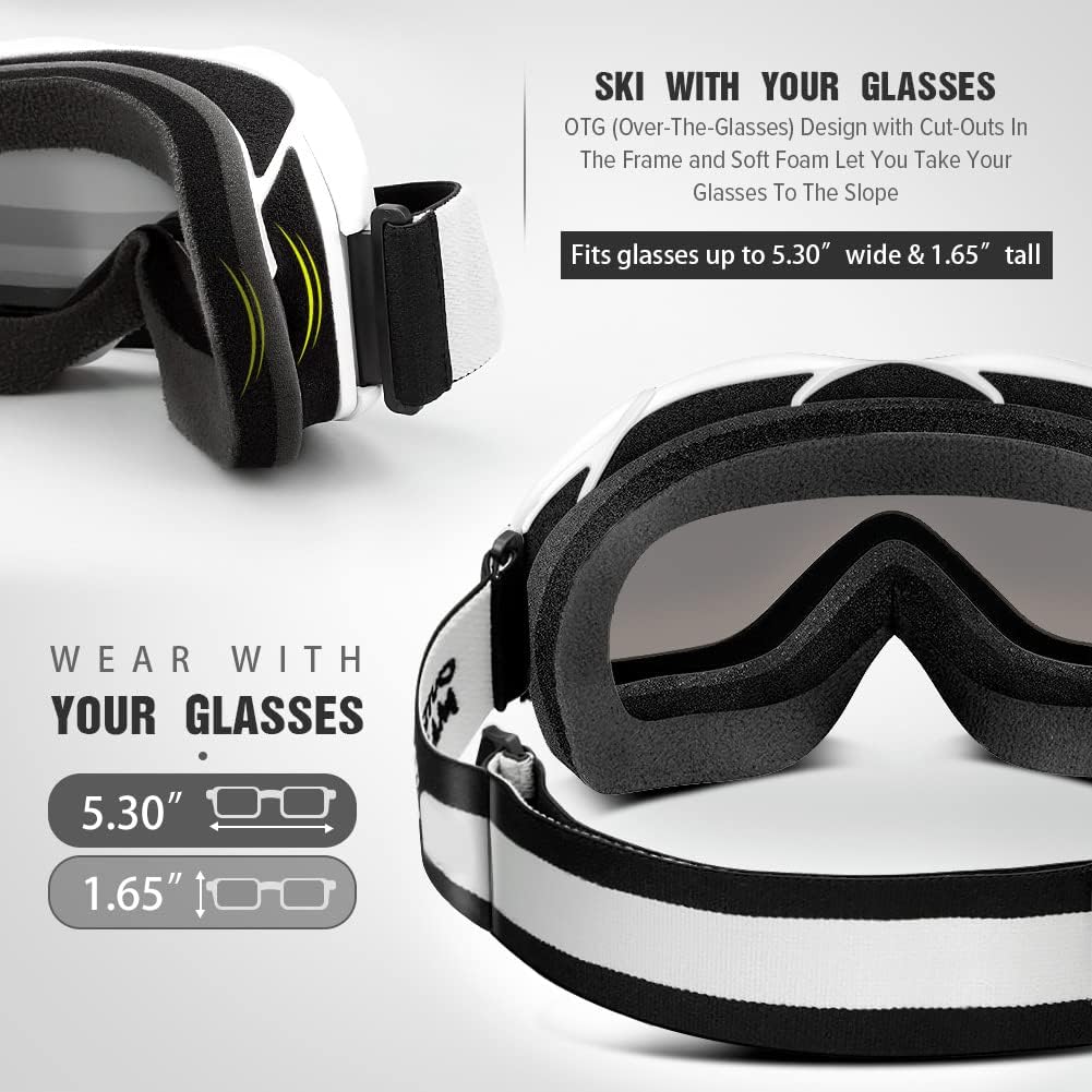 OTG (Over-the-Glasses) Design Ski & Snowboard Goggles for Men, Women & Youth with 100% UV Protection (White/Silver)