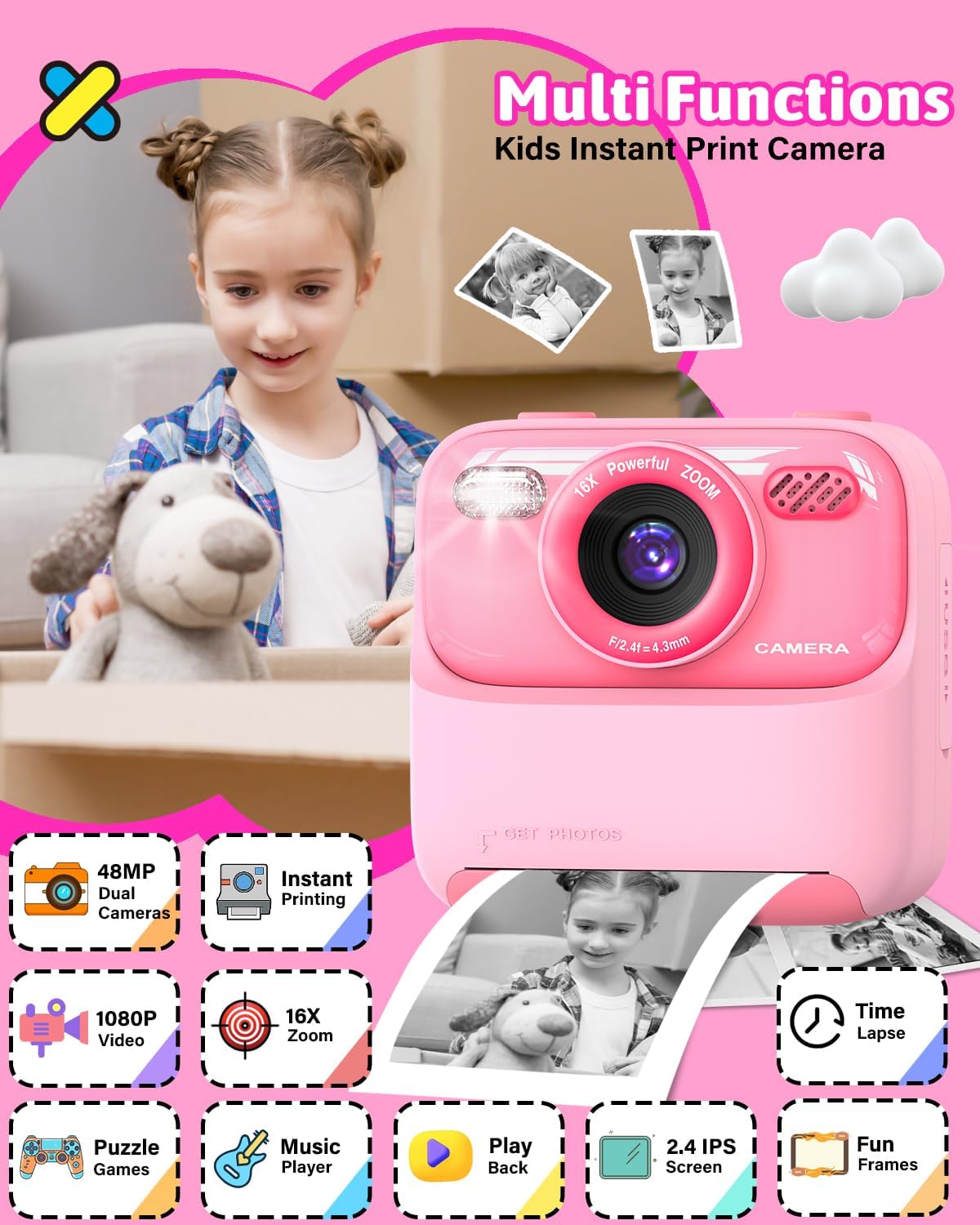 Kids Instant Print Camera, Digital Photo & Video Camera, Fun Gift for Girls Boys 3-12 Year Olds, Christmas & Birthday Present, HD Toy Camera with Printing (Pink)